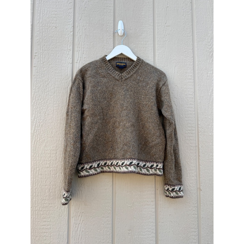 Woolrich Medium V-Neck Sweater Vintage Cabin 100% Wool Fair Isle Hem